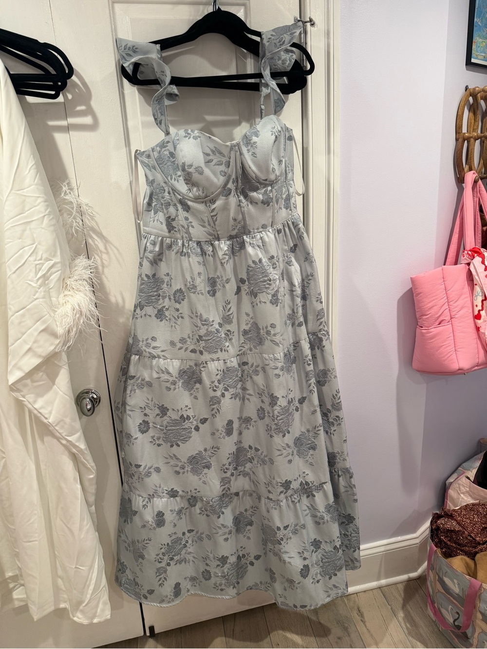 Revelry violet jacquard dress in sky blue